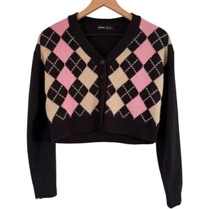 Cardigan Sweater Womens Diamond Pattern Small Black‎ Pink Cropped Preppy Y2K